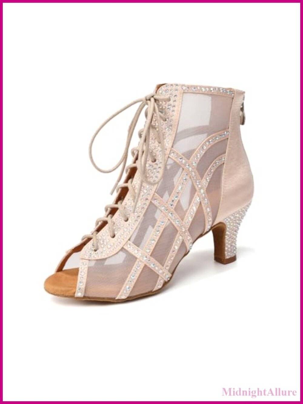 Mesh Satin Dance Boots Peep Toe Kitten Heel Suede Sole Short Latin Salsa Jazz